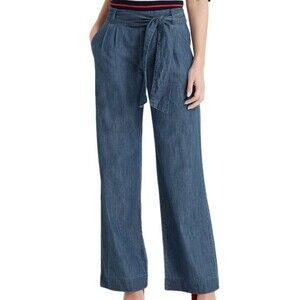 Draper James Jeans Size 8 Wide Leg Chambray Pants Tie Waist Medium Trouser Short